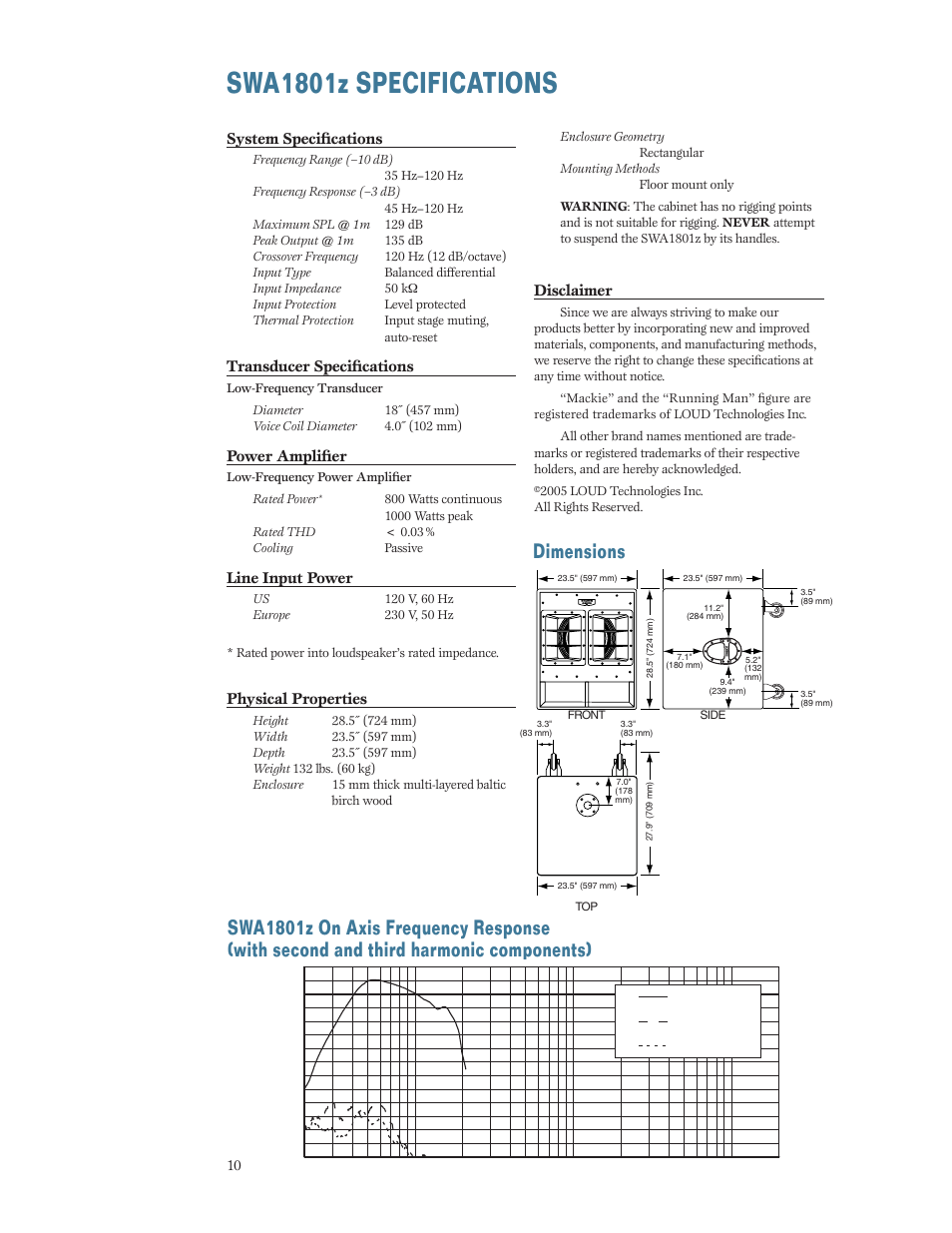 Swa1801 specifications, Swa1801z spec i fi ca tions, Swa1801z specifications | Dimensions, System specifi cations, Transducer specifi cations, Power amplifi er, Line input power, Physical properties, Disclaimer | MACKIE SWA1801Z User Manual | Page 10 / 12