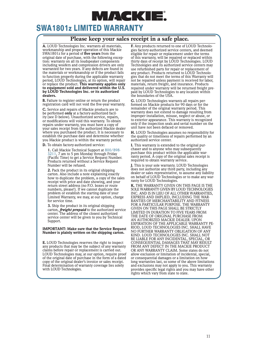 Swa1801 limited warranty, Swa1801z limited warranty, Please keep your sales re ceipt in a safe place | MACKIE SWA1801Z User Manual | Page 11 / 12