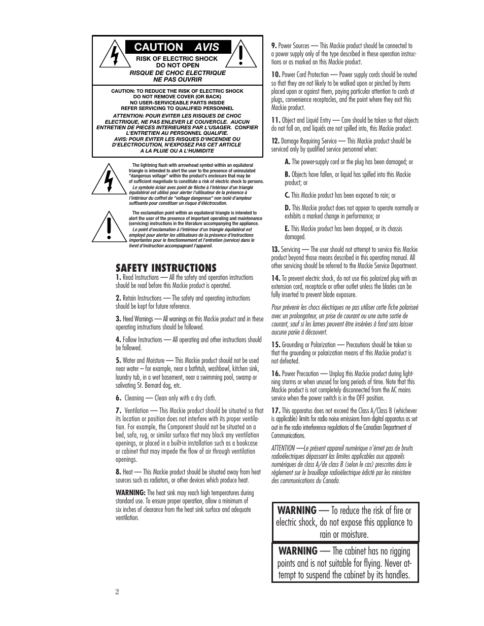 Safety instructions, Caution avis | MACKIE SWA1801Z User Manual | Page 2 / 12