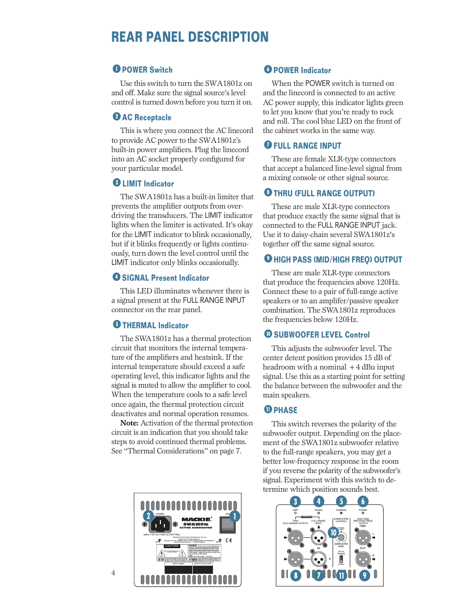 Rear panel description, Rear panel de scrip tion, Power switch | Ac receptacle, Limit indicator, Signal present indicator, Thermal indicator, Power indicator, Full range input, Thru (full range output) | MACKIE SWA1801Z User Manual | Page 4 / 12