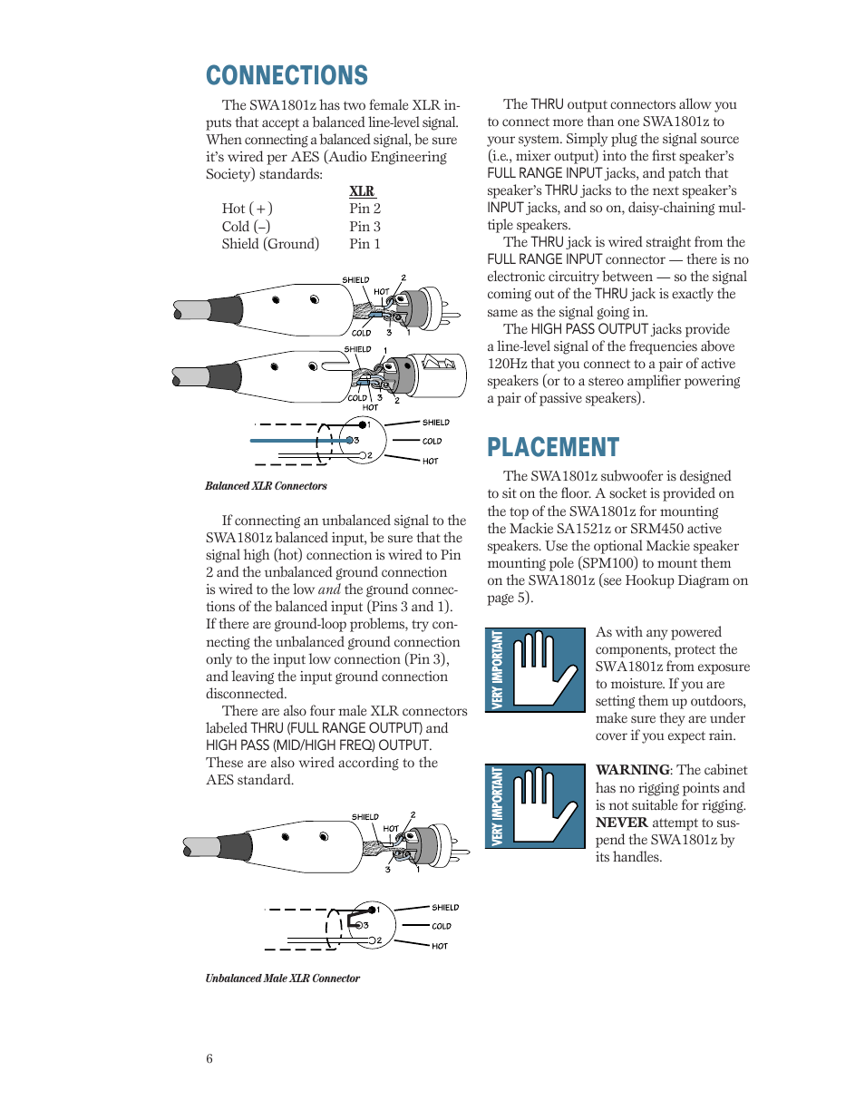 Connections, Placement, Connections placement | MACKIE SWA1801Z User Manual | Page 6 / 12