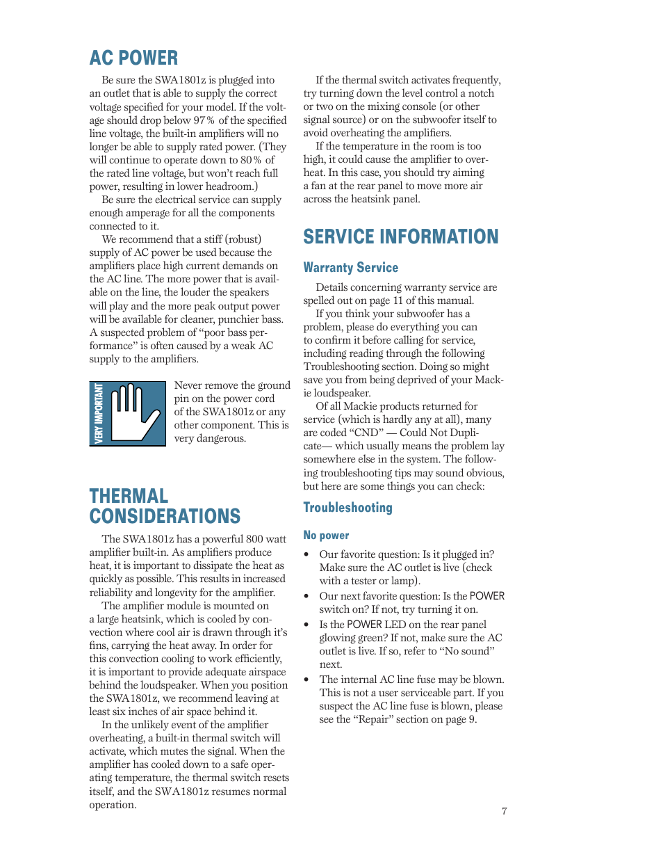 Ac power, Thermal considerations, Service information | Warranty service, Troubleshooting, Service | MACKIE SWA1801Z User Manual | Page 7 / 12