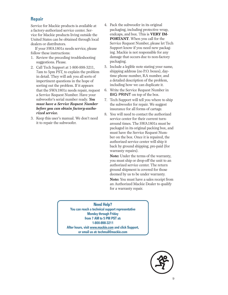 Repair | MACKIE SWA1801Z User Manual | Page 9 / 12