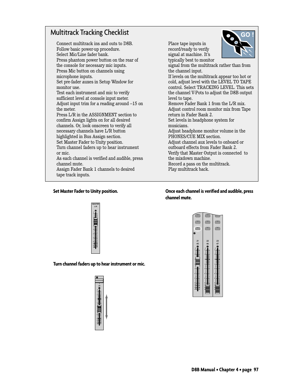 Multitrack tracking checklist, Set master fader to unity position, Turn channel faders up to hear instrument or mic | MACKIE D8B User Manual | Page 11 / 46