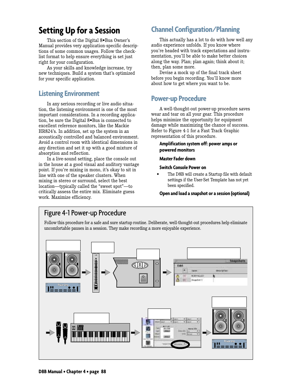 Setting up for a session, Listening environment, Channel configuration/planning | Power-up procedure, Figure 4-1 power-up procedure, Synth, D8b manual • chapter 4 • page 88, Open and load a snapshot or a session (optional) | MACKIE D8B User Manual | Page 2 / 46