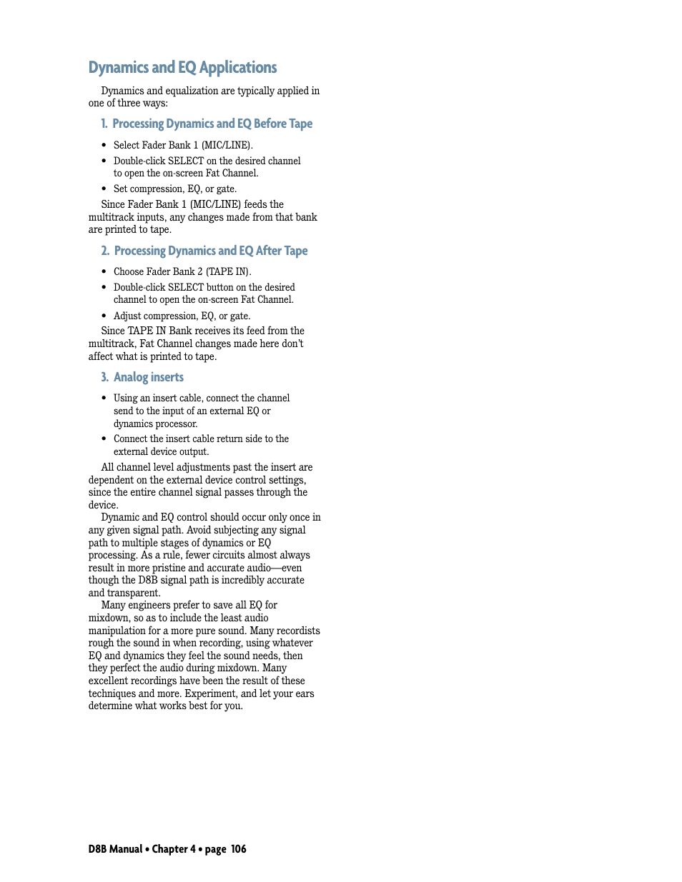 Dynamics and eq applications, Processing dynamics and eq before tape, Processing dynamics and eq after tape | Analog inserts | MACKIE D8B User Manual | Page 20 / 46