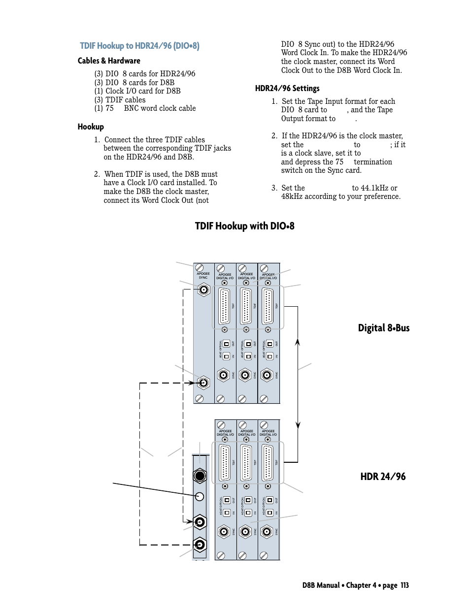 Tdif hookup with dio, 8digital 8, Hdr 24/96 | Cables & hardware, Hookup, Hdr24/96 settings | MACKIE D8B User Manual | Page 27 / 46