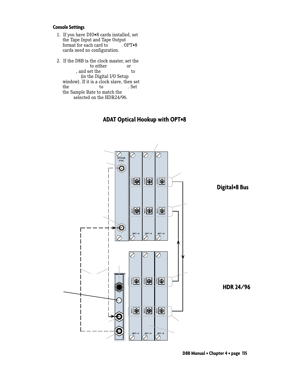 Digital•8 bus, Hdr 24/96, Adat optical hookup with opt | Console settings | MACKIE D8B User Manual | Page 29 / 46