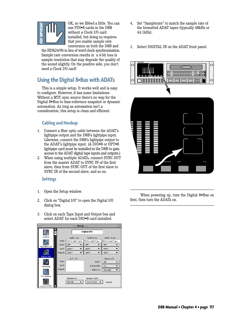 Using the digital 8•bus with adats, Cabling and hookup, Settings | MACKIE D8B User Manual | Page 31 / 46