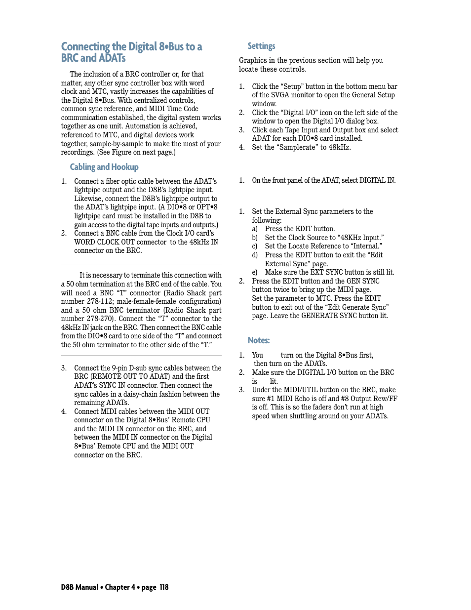 Connecting the digital 8•bus to a brc and adats, Cabling and hookup, Settings | MACKIE D8B User Manual | Page 32 / 46