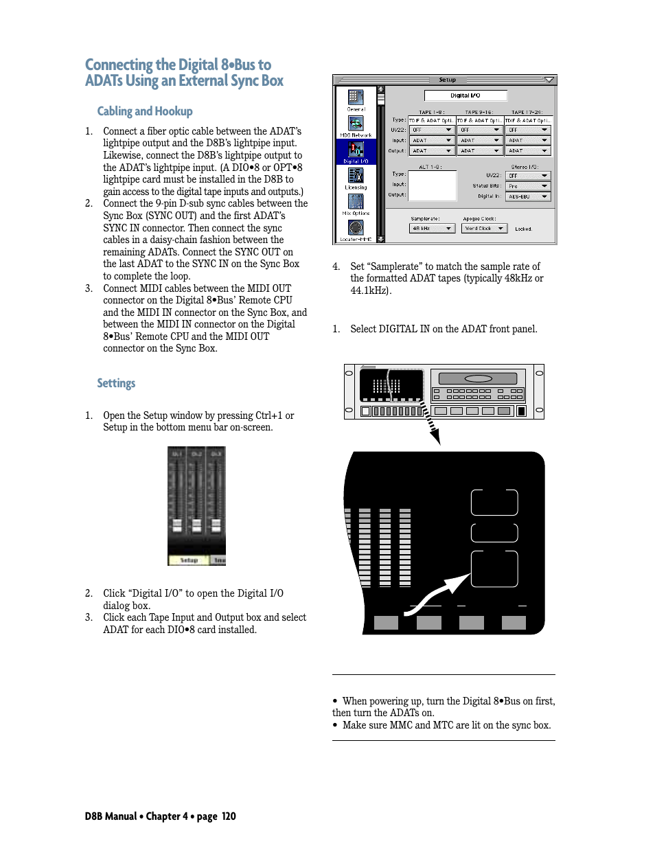 Cabling and hookup, Settings | MACKIE D8B User Manual | Page 34 / 46