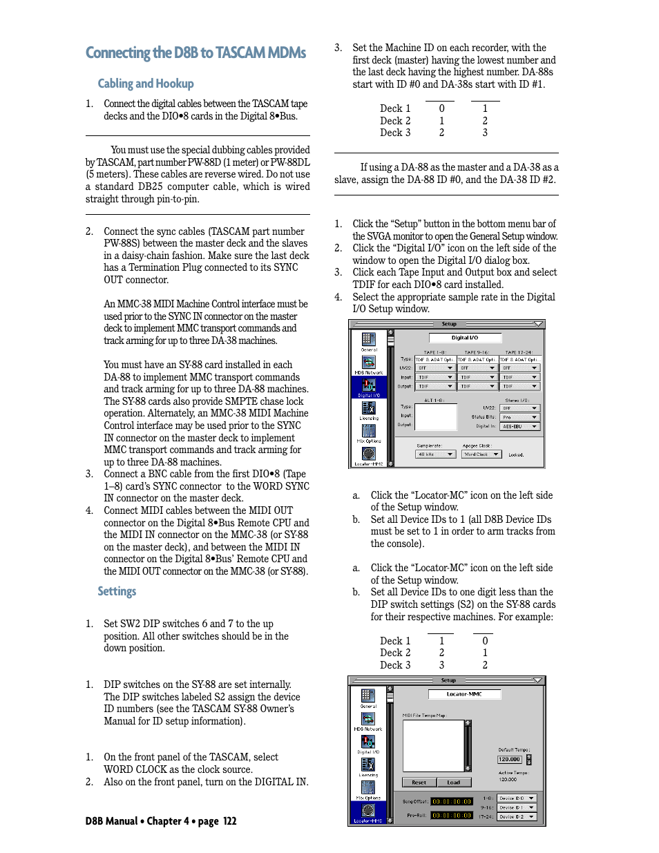 Connecting the d8b to tascam mdms, Cabling and hookup, Settings | MACKIE D8B User Manual | Page 36 / 46