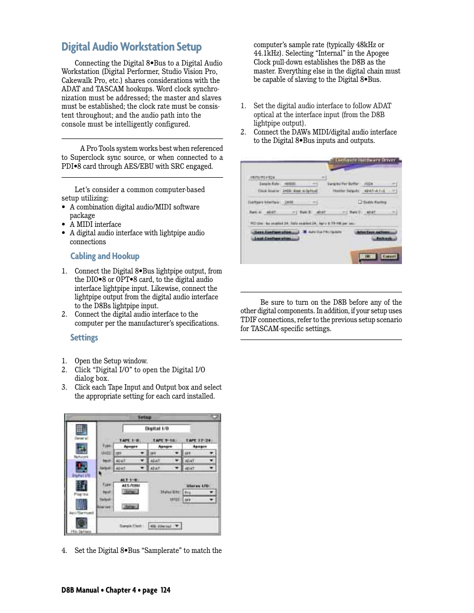 Digital audio workstation setup, Cabling and hookup, Settings | MACKIE D8B User Manual | Page 38 / 46