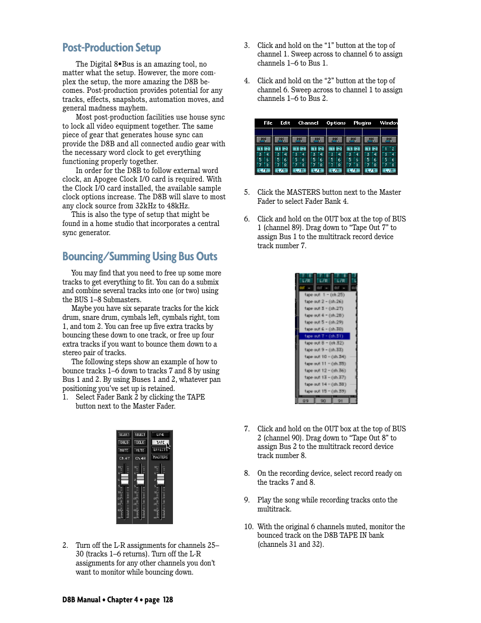 Post-production setup, Bouncing/summing using bus outs | MACKIE D8B User Manual | Page 42 / 46