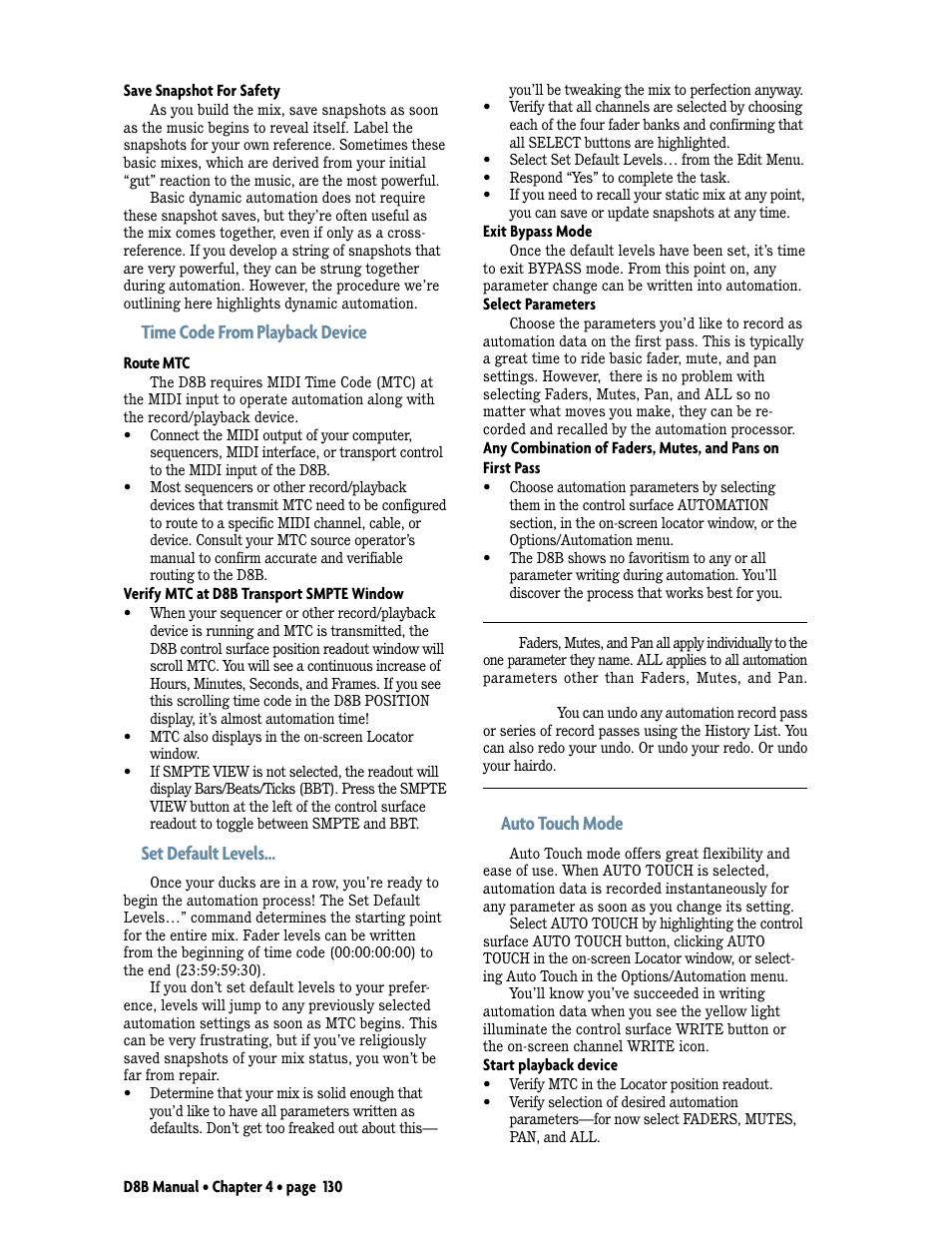 Time code from playback device, Set default levels, Auto touch mode | MACKIE D8B User Manual | Page 44 / 46