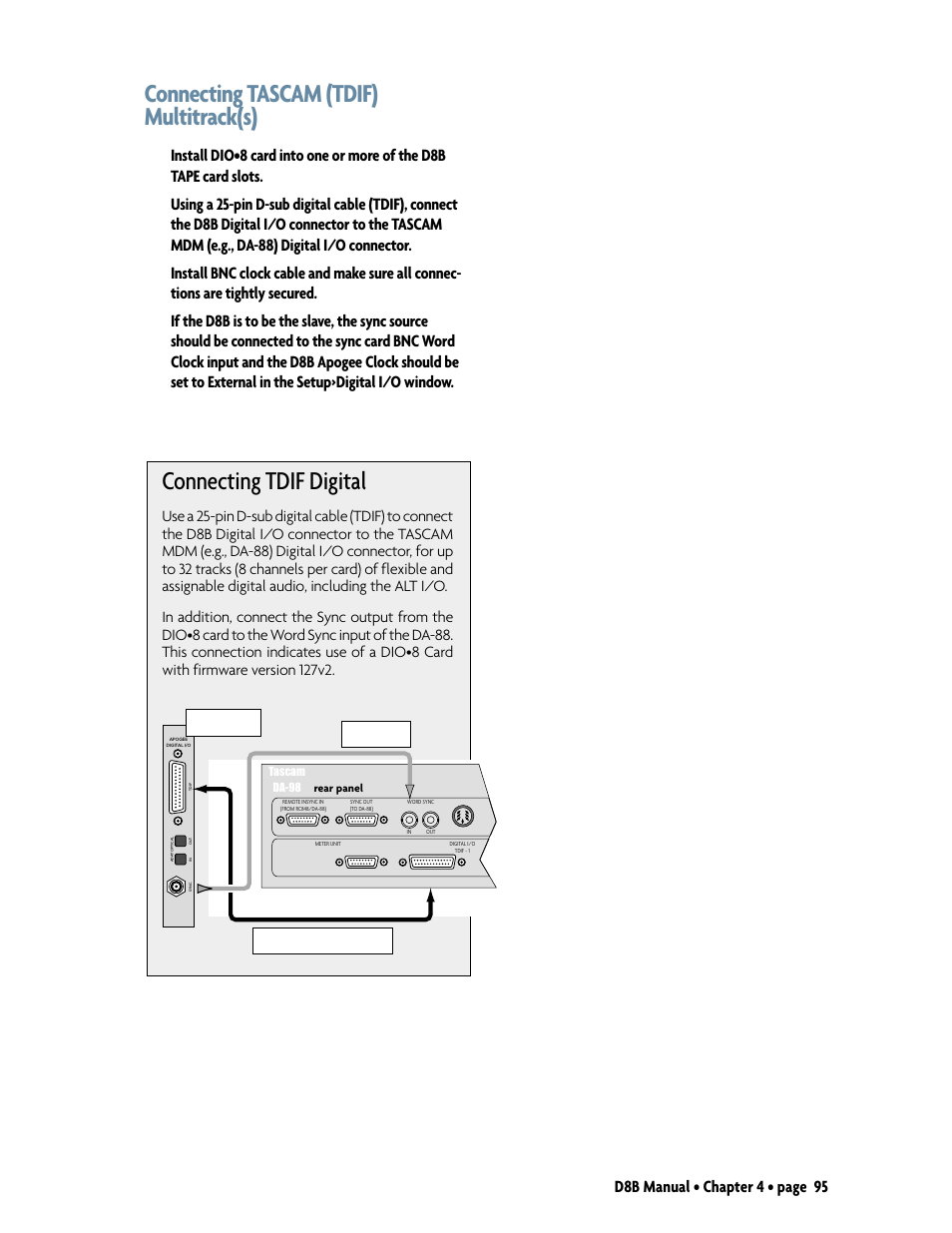 Connecting tascam (tdif) multitrack(s), Connecting tdif digital, D8b manual • chapter 4 • page 95 | MACKIE D8B User Manual | Page 9 / 46