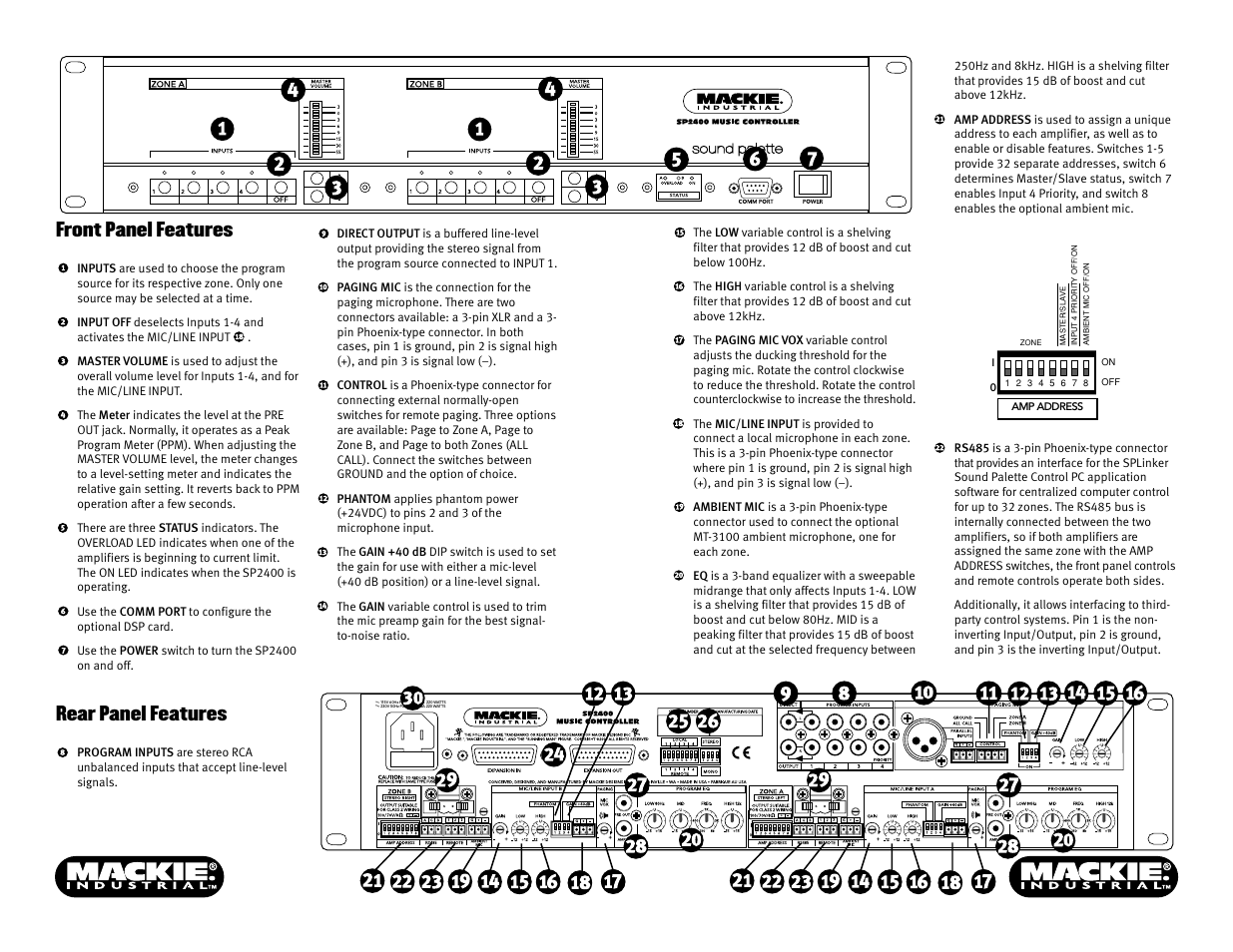 Front panel features, Rear panel features | MACKIE SP2400 User Manual | Page 2 / 2