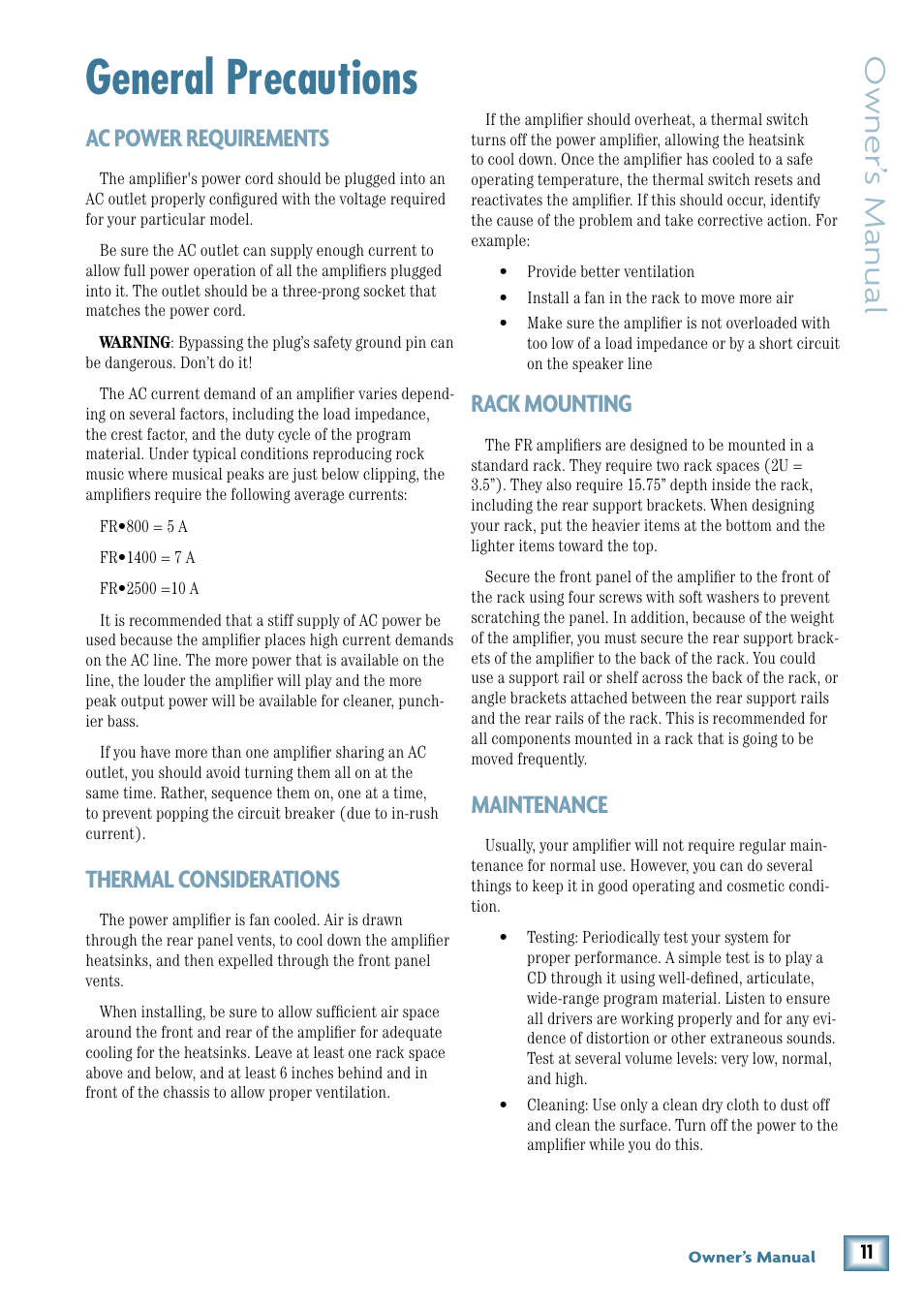 General precautions, Ac power requirements, Thermal considerations | Rack mounting, Maintenance, Owner’ s manual | MACKIE FR1400 User Manual | Page 11 / 20