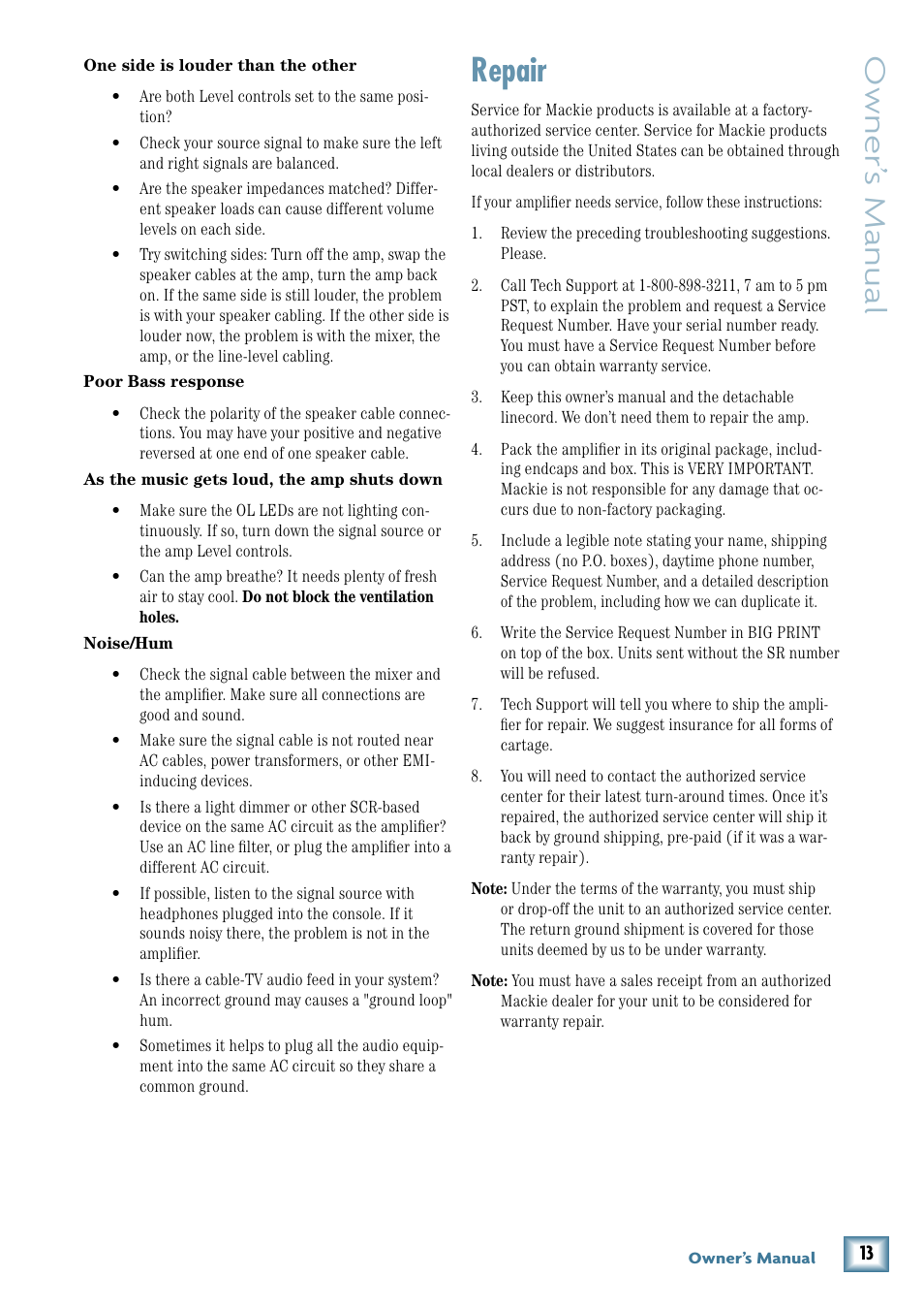 Repair, Owner’ s manual | MACKIE FR1400 User Manual | Page 13 / 20