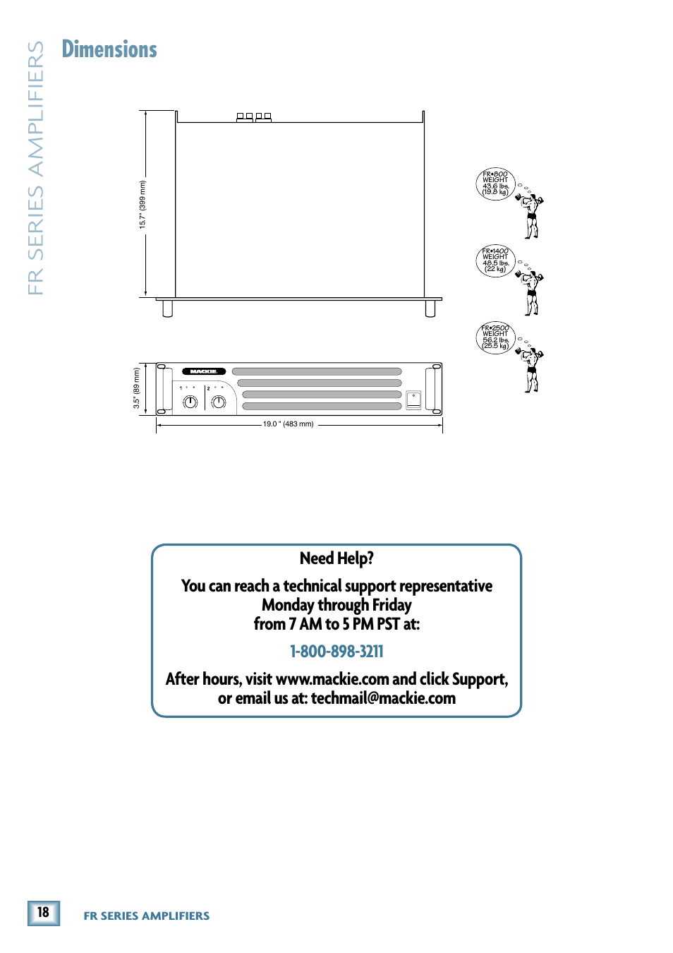 Dimensions, Fr series amplifiers | MACKIE FR1400 User Manual | Page 18 / 20