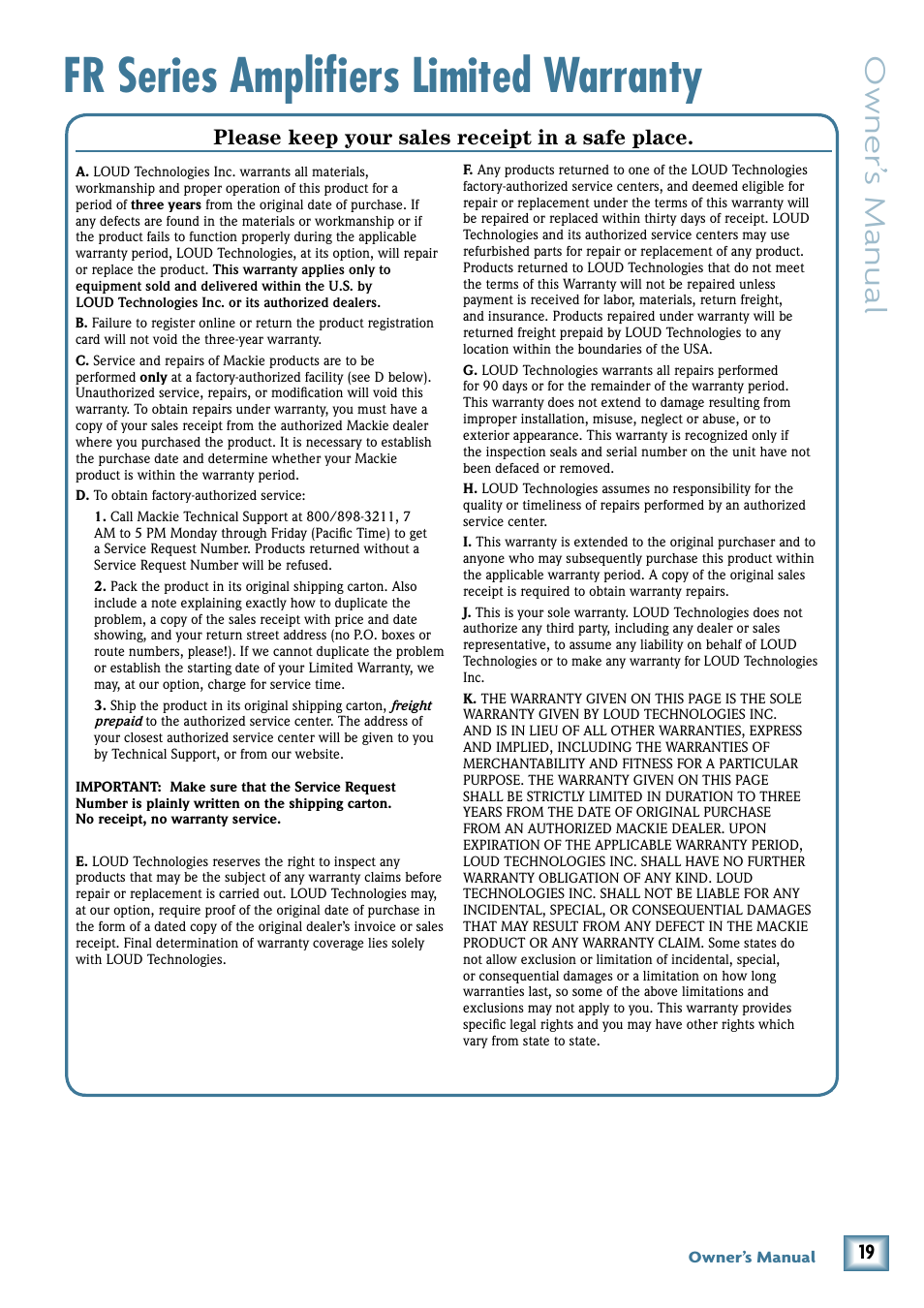 Fr series amplifiers limited warranty, Fr series limited warranty, Owner’ s manual | Please keep your sales receipt in a safe place | MACKIE FR1400 User Manual | Page 19 / 20