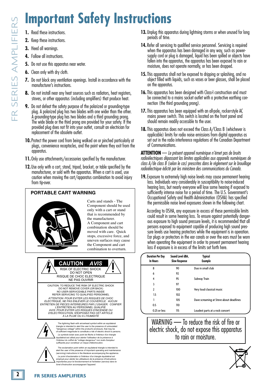 Important safety instructions, Fr series amplifiers | MACKIE FR1400 User Manual | Page 2 / 20