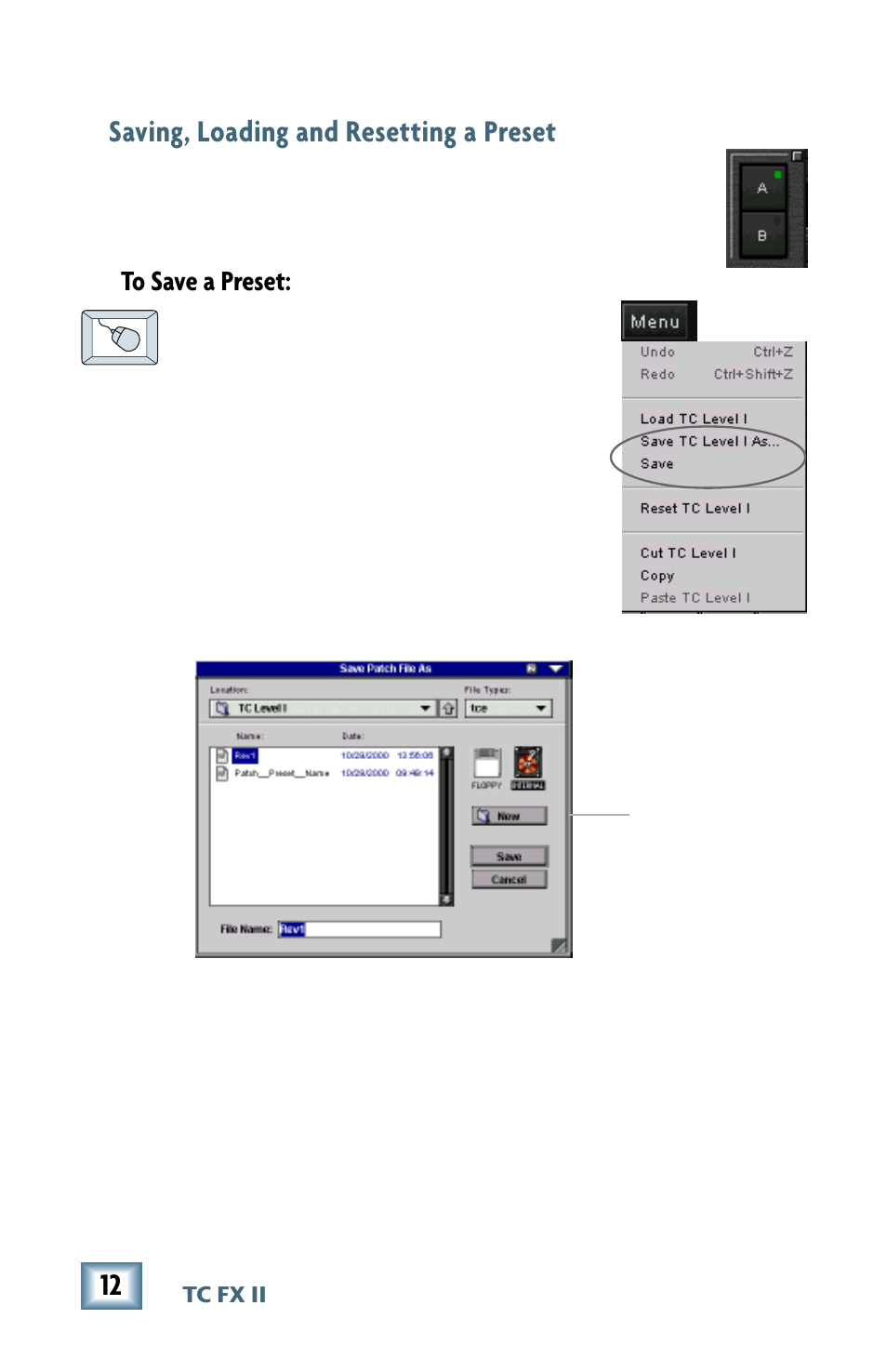 Saving, loading, and resetting a preset, Saving, loading and resetting a preset | MACKIE M2000 User Manual | Page 12 / 20