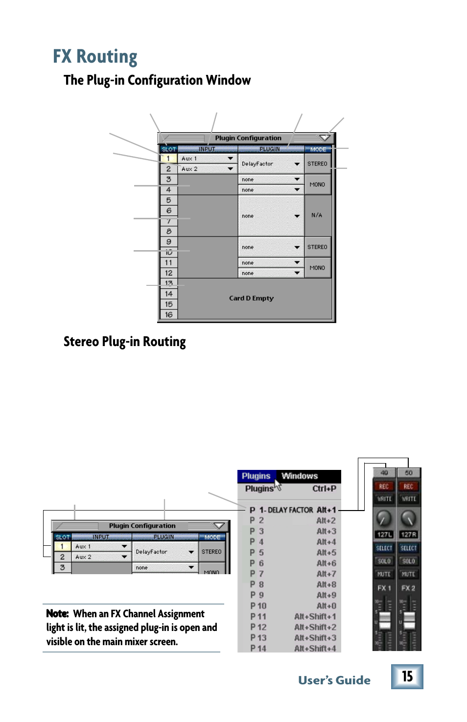 Fx routing, The plug-in configuration window, Stereo plug-in routing | MACKIE M2000 User Manual | Page 15 / 20