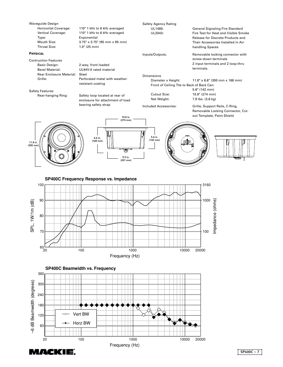 Specifications | MACKIE SP400C User Manual | Page 7 / 8