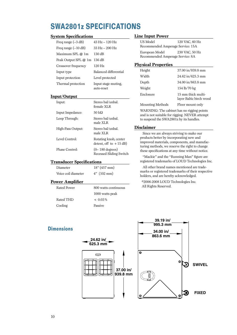 Swa2801z specifications, Dimensions | MACKIE SWA2801z User Manual | Page 10 / 12