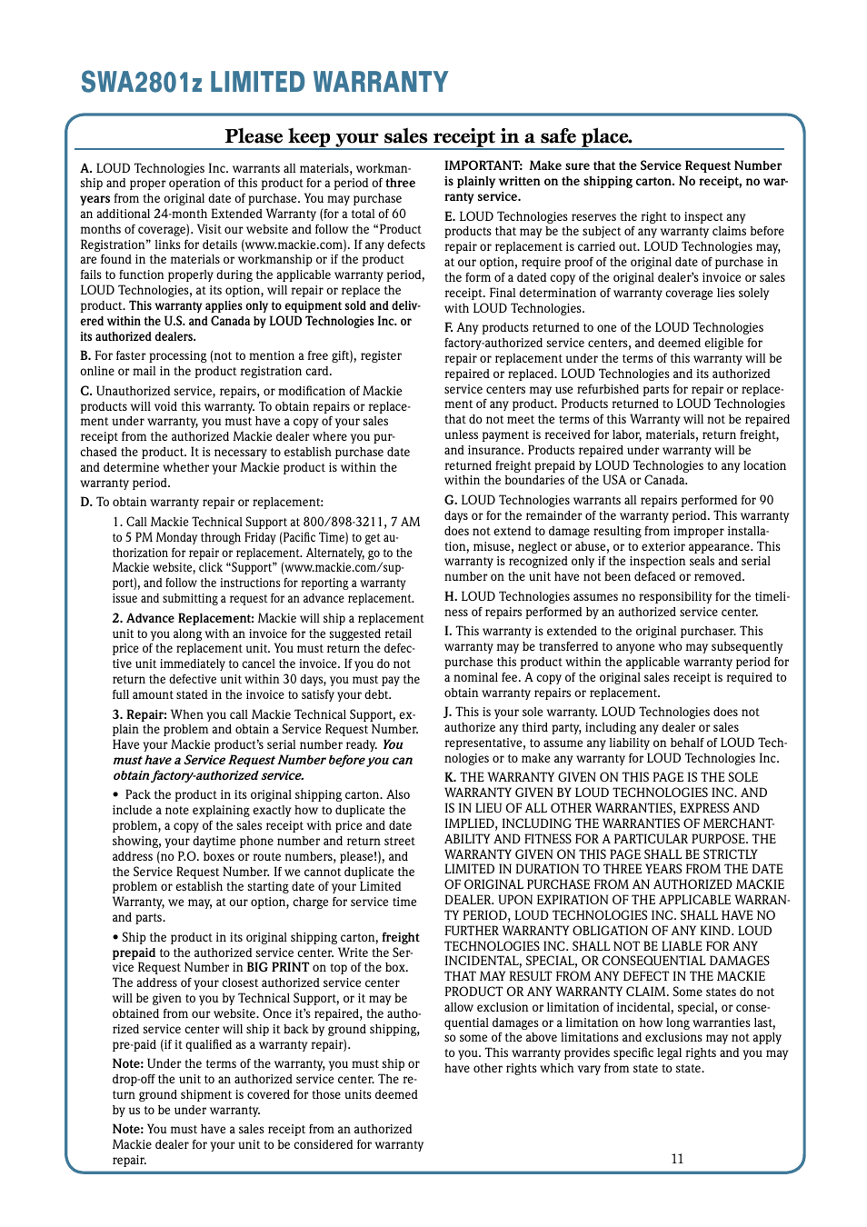 Swa2801z limited warranty, Please keep your sales receipt in a safe place | MACKIE SWA2801z User Manual | Page 11 / 12