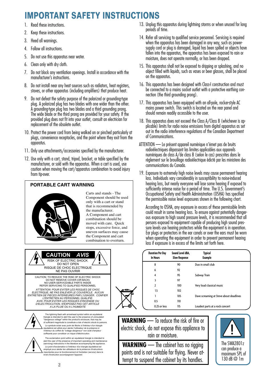 Important safety instructions | MACKIE SWA2801z User Manual | Page 2 / 12