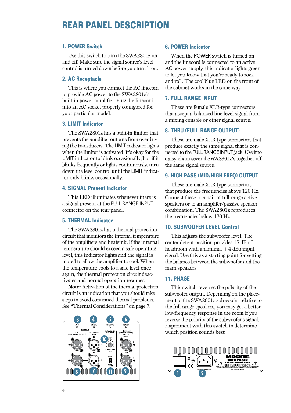 Rear panel description | MACKIE SWA2801z User Manual | Page 4 / 12