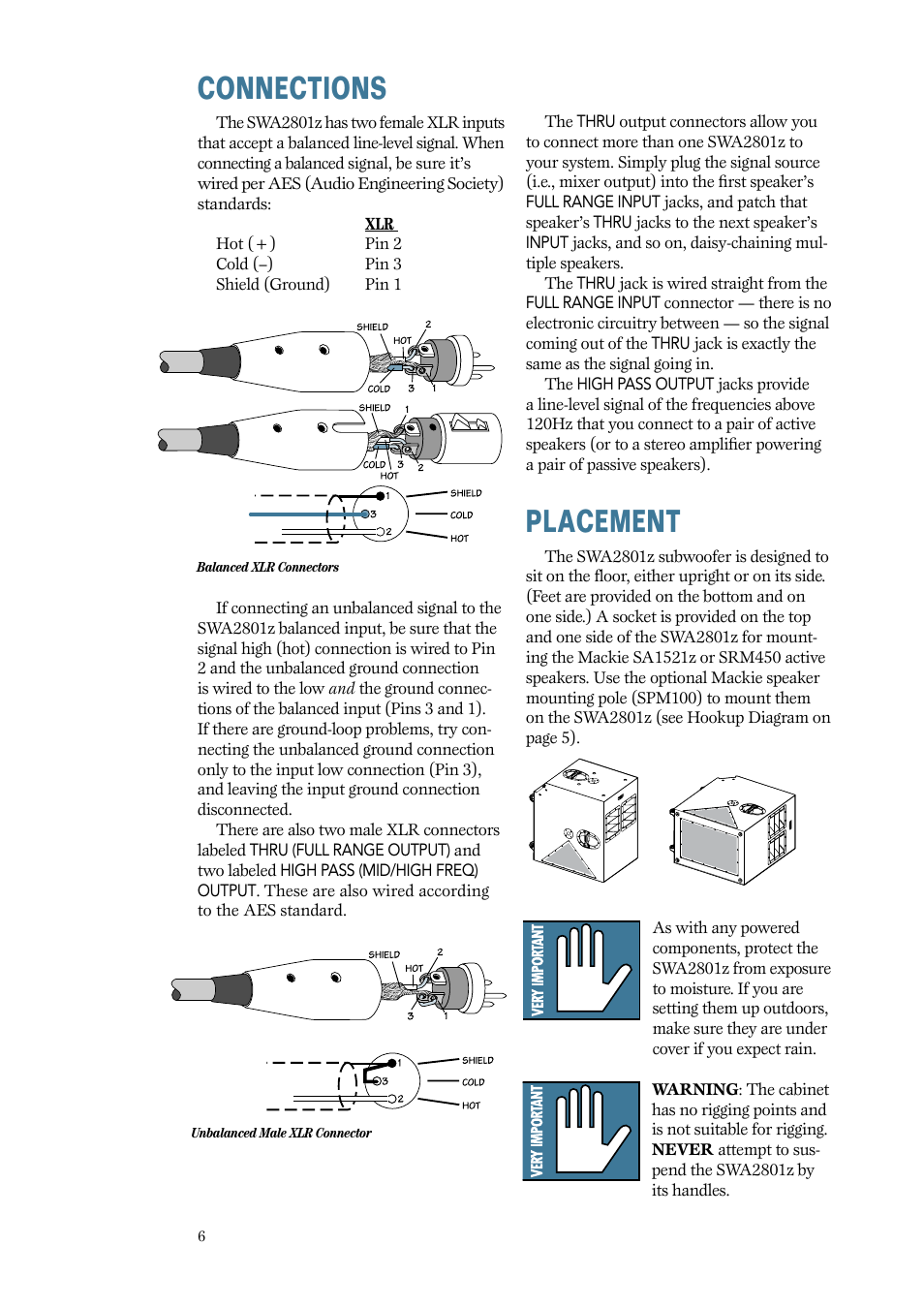 Connections, Placement, Connections placement | MACKIE SWA2801z User Manual | Page 6 / 12