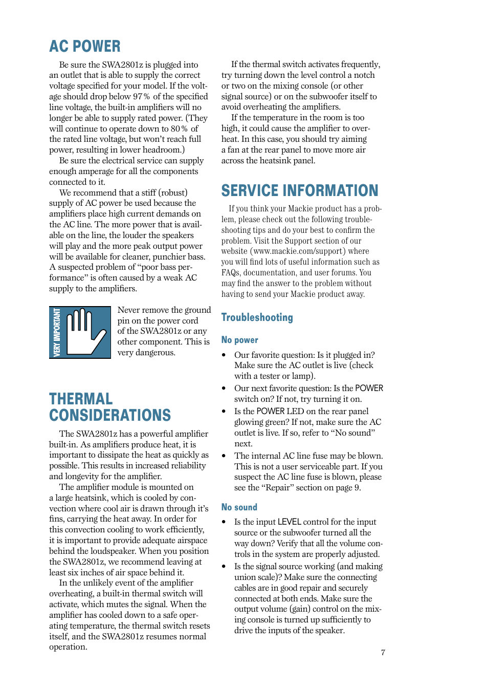 Ac power, Thermal considerations, Service information | Troubleshooting | MACKIE SWA2801z User Manual | Page 7 / 12