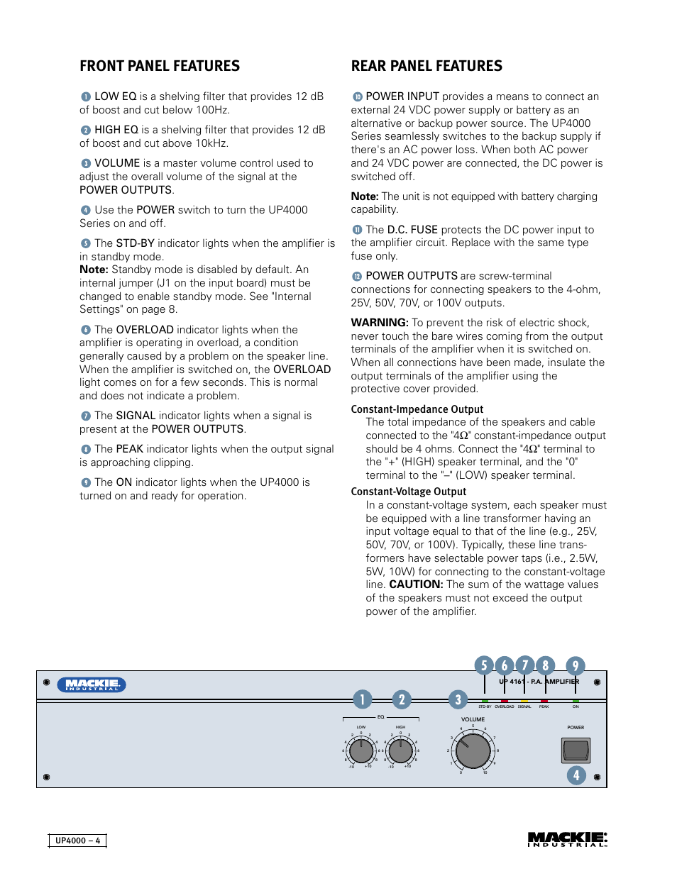 Front panel features, Rear panel features | MACKIE UP4161 User Manual | Page 4 / 12