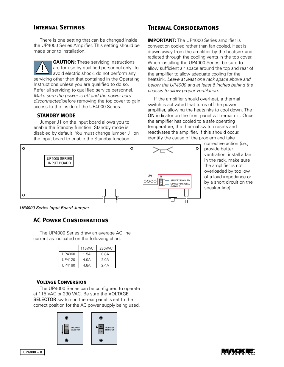 Internal settings, Thermal considerations, Ac power considerations | Standby mode, Voltage conversion | MACKIE UP4161 User Manual | Page 8 / 12