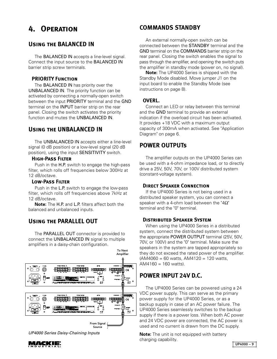 Operation, Using the balanced in, Using the unbalanced in | Using the parallel out, Commands standby, Power outputs, Power input 24v d.c | MACKIE UP4161 User Manual | Page 9 / 12