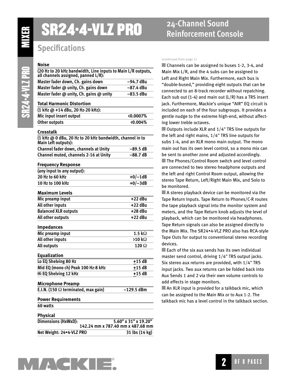 Sr24•4-vlz pro, Mixer sr24•4- vlz pro, Channel sound reinforcement console | Channel, Sound reinforcement console, Specifications | MACKIE SR244-VLZ User Manual | Page 2 / 8