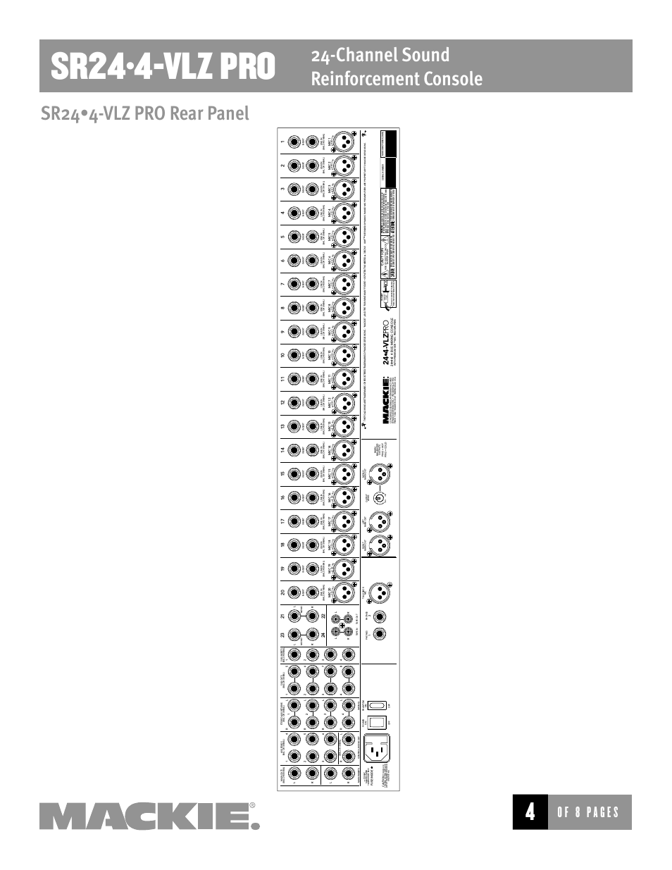 Sr24•4-vlz pro, Channel sound reinforcement console, Sr24•4-vlz pro rear panel | 24 •4 -v lz pr o | MACKIE SR244-VLZ User Manual | Page 4 / 8