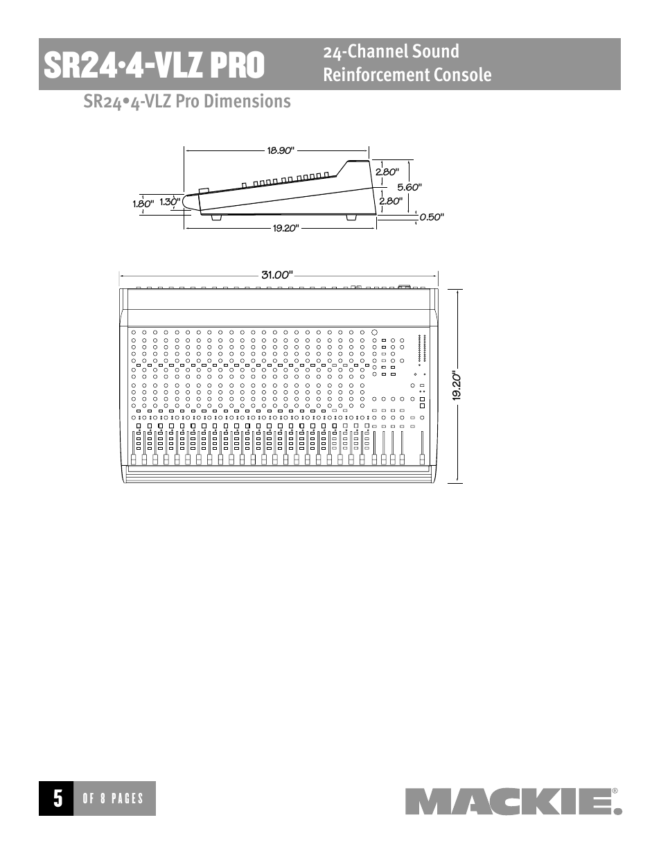 Sr24•4-vlz pro, Channel sound reinforcement console, Sr24•4-vlz pro dimensions | MACKIE SR244-VLZ User Manual | Page 5 / 8