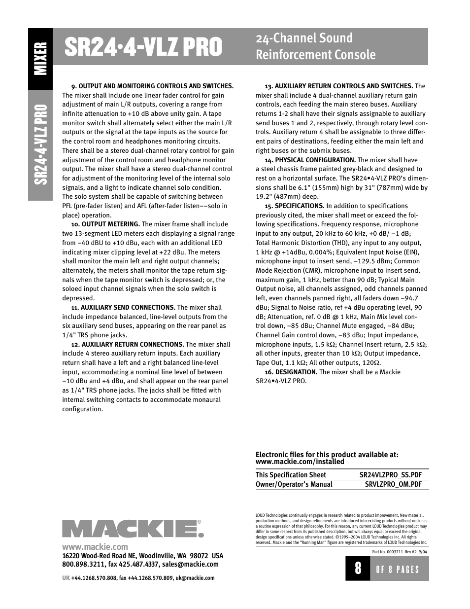 Sr24•4-vlz pro, Mixer sr24•4- vlz pro, Channel sound reinforcement console | Channel, Sound reinforcement console | MACKIE SR244-VLZ User Manual | Page 8 / 8