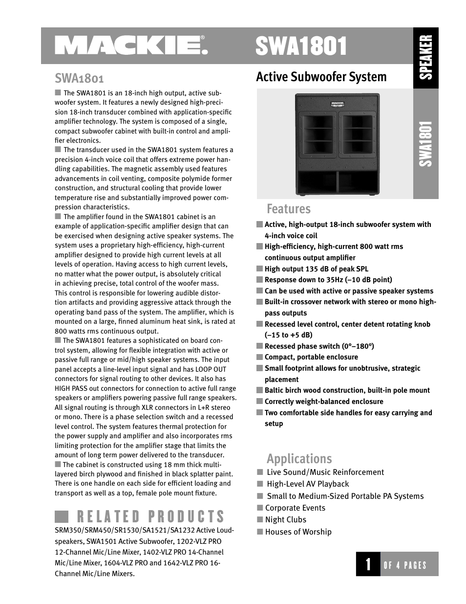 MACKIE SWA1801 User Manual | 4 pages