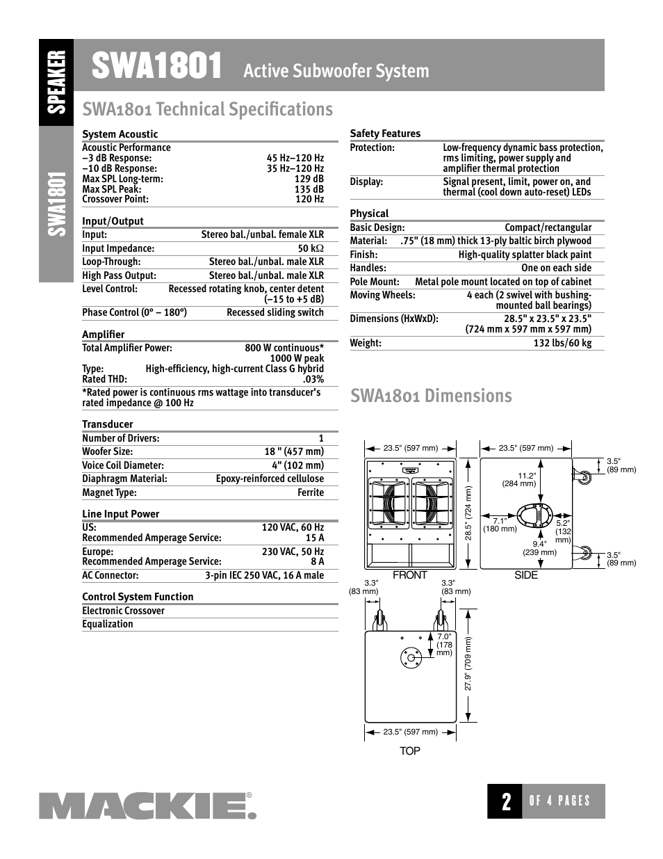 Swa1801, Speaker sw a1801, Active subwoofer system | Swa1801 technical specifications, Swa1801 dimensions | MACKIE SWA1801 User Manual | Page 2 / 4