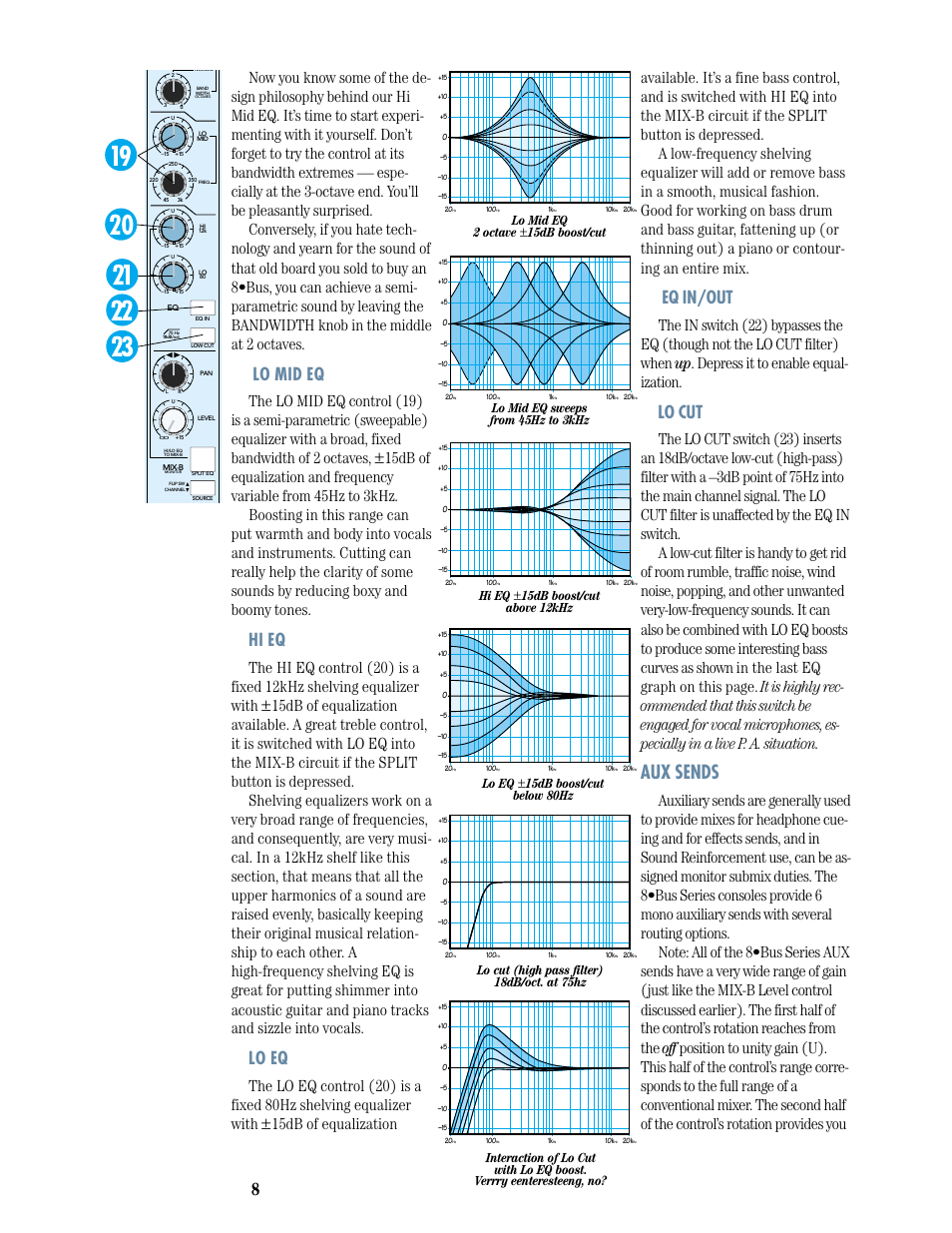 Aux sends, Lo mid eq, Hi eq | Lo eq, Eq in/out, Lo cut | MACKIE 8-submaster mixer User Manual | Page 10 / 74
