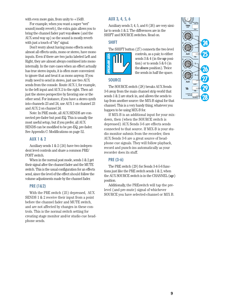 Aux 1 & 2, Pre (1&2), Aux 3, 4, 5, 6 | Shift, Source, Pre (3-6) | MACKIE 8-submaster mixer User Manual | Page 11 / 74