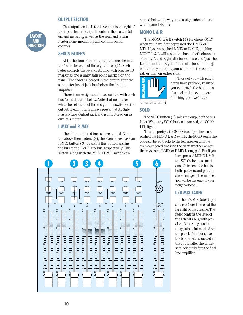8•bus faders, L mix and r mix, Mono l & r | Solo, L/r mix fader, Layout and function | MACKIE 8-submaster mixer User Manual | Page 12 / 74