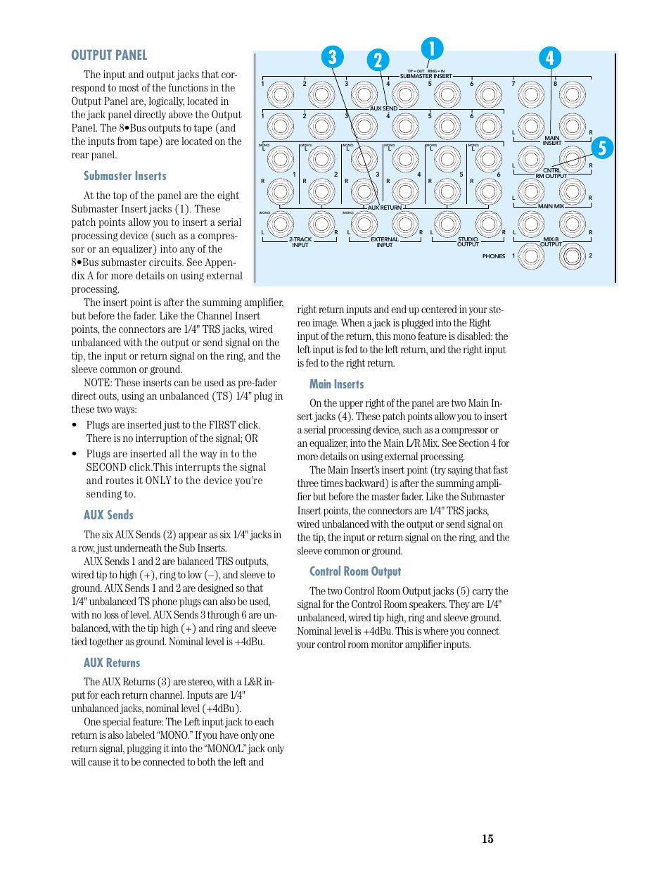 Output panel, Submaster inserts, Aux sends | Aux returns, Main inserts, Control room output | MACKIE 8-submaster mixer User Manual | Page 17 / 74