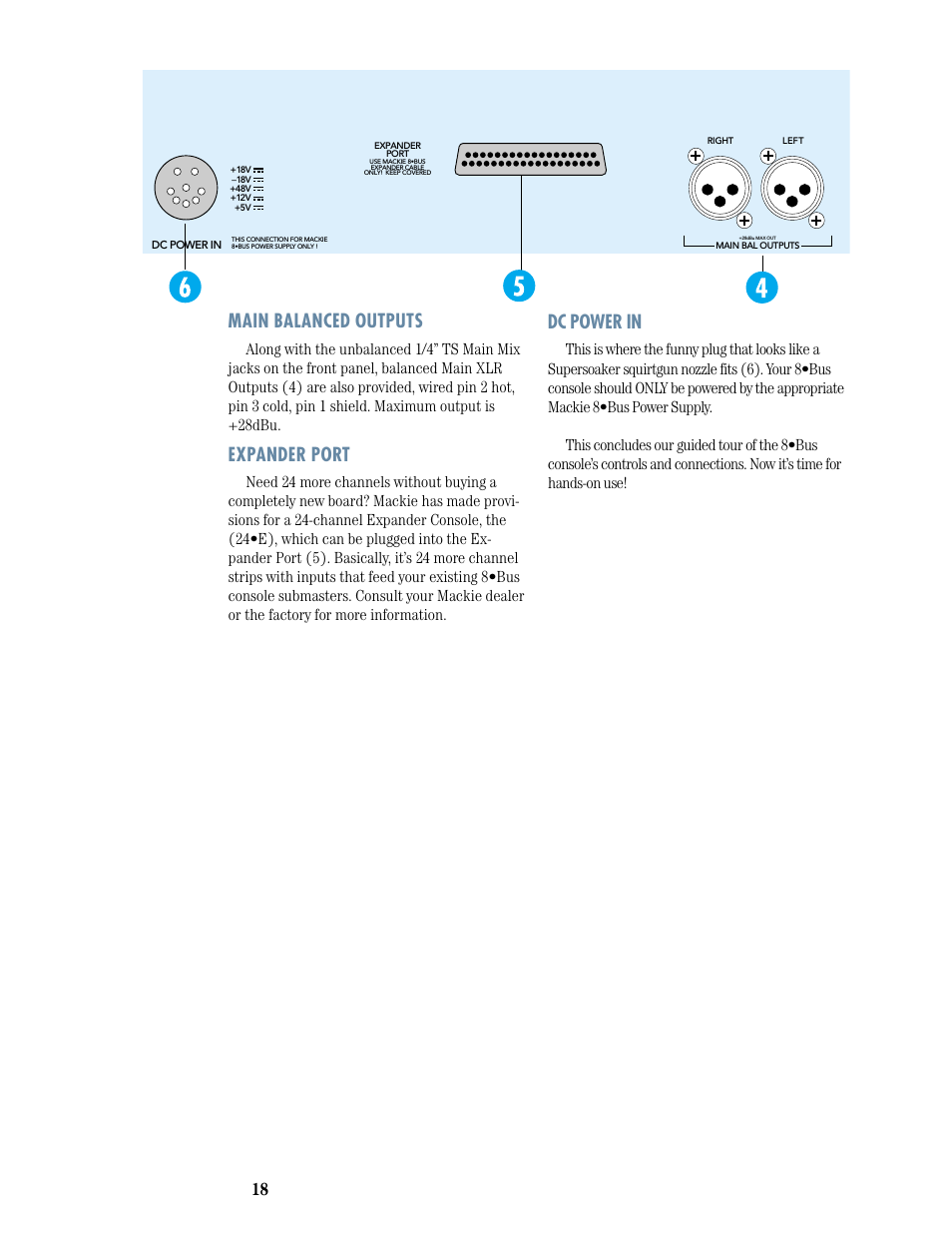 Main balanced outputs, Expander port, Dc power in | MACKIE 8-submaster mixer User Manual | Page 20 / 74