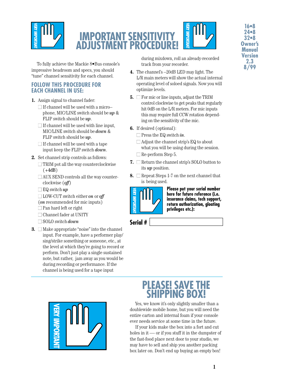 Important sensitivity adjustment procedure, Please! save the shipping box | MACKIE 8-submaster mixer User Manual | Page 3 / 74
